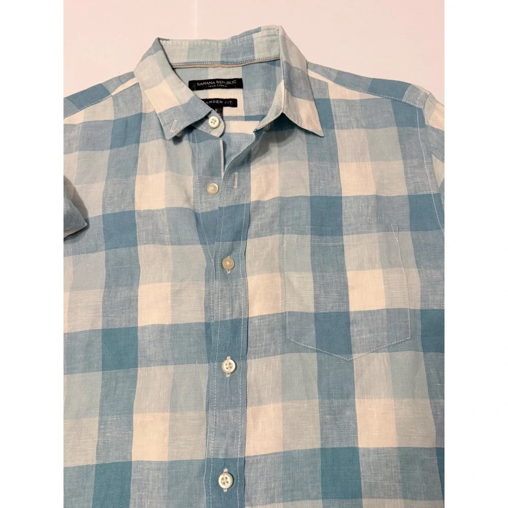 Banana Republic Camden Fit Linen Shirt Mens Small Blue White Buffalo Check Plaid